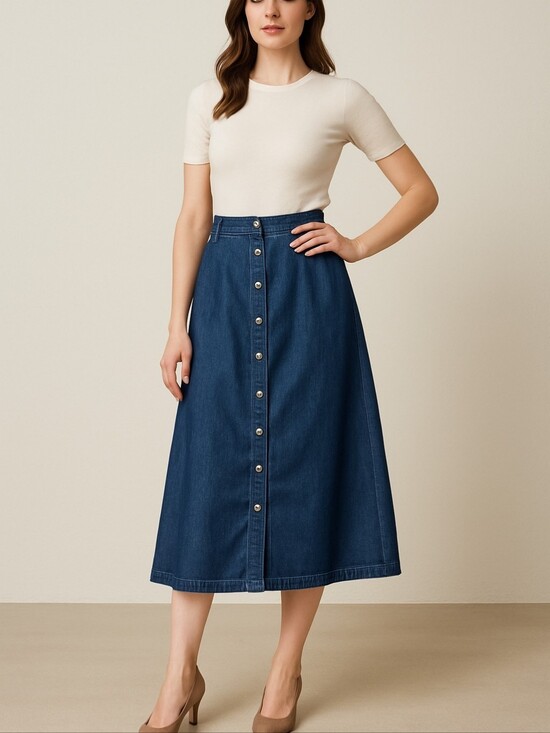 Vintage Dresses & Skirts - Vintage denim button front midi skirt / L/xl